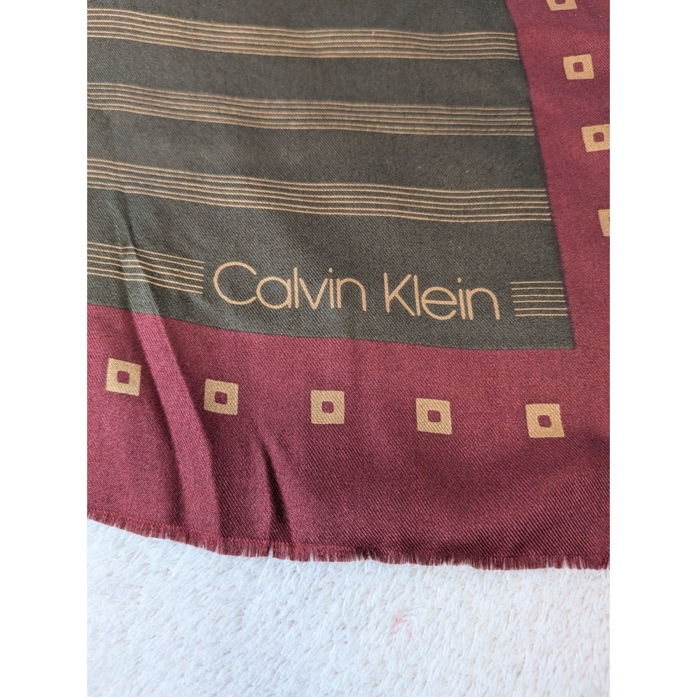 Calvin Klein Silk Scarf Brown Burgundy Stripe Geometric Academic Old Money Luxe